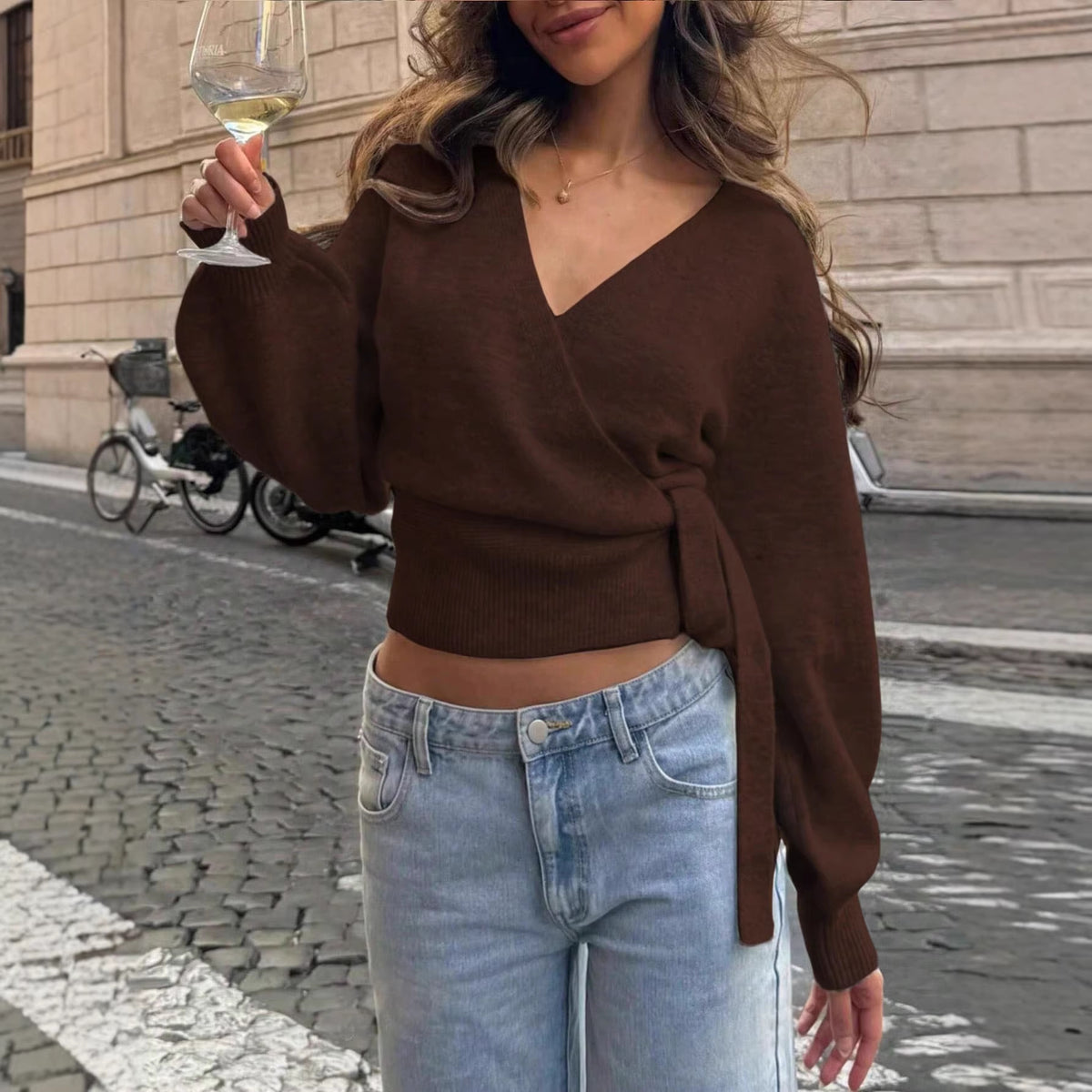 V-neck bottoming sweater autumn and winter irregular strap short top