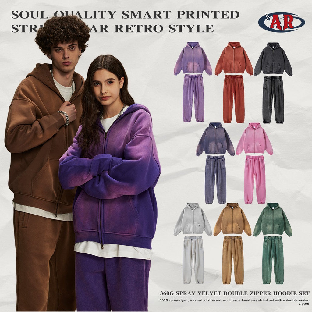 Men's garment dyeing distressed and padded double-headed zipper sweatshirt and pants set