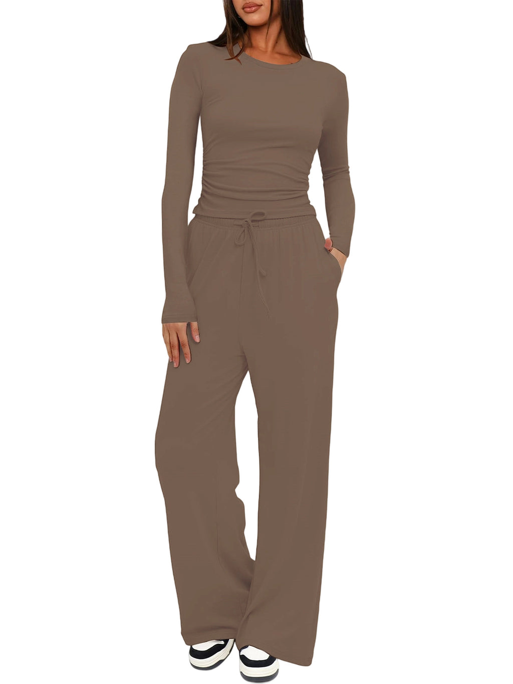 Solid Color Long Sleeve Top and High Waisted Wide Leg Pants Sportswear Set