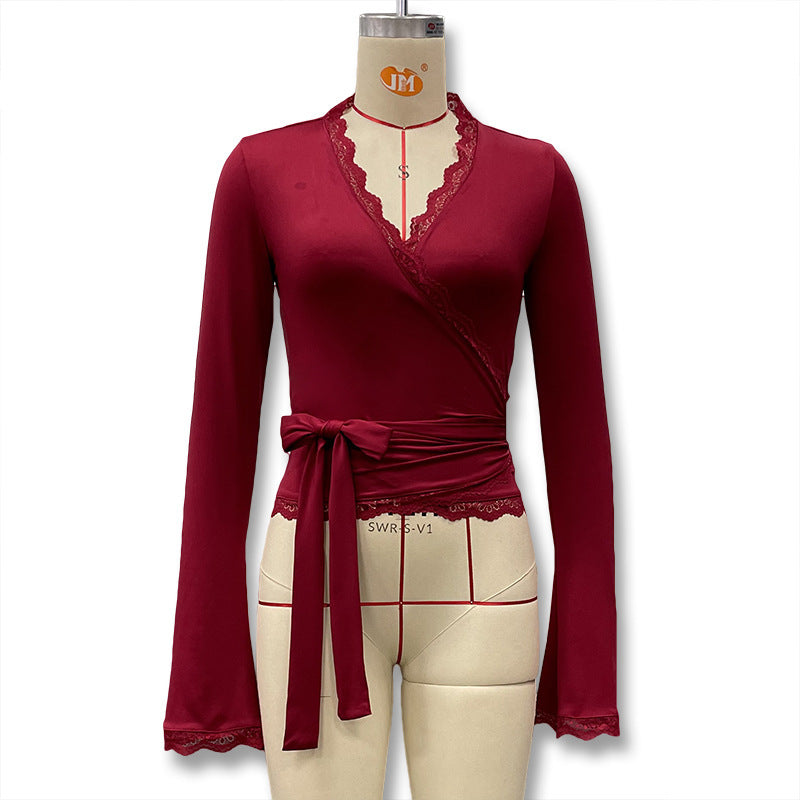 Women's Slim Fit V-Neck Long Sleeve Lace T-Shirt Solid Color