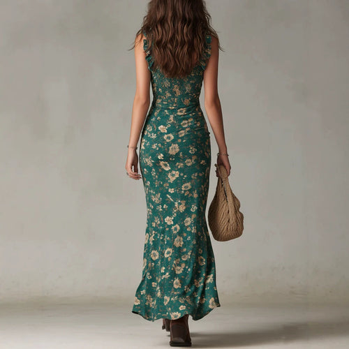 Bohemian Ruffled Sleeveless High-Slit Dress