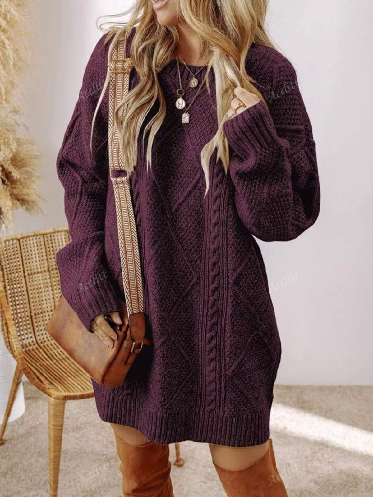 Women's Cable Knit Knee-Length Sweater Dress