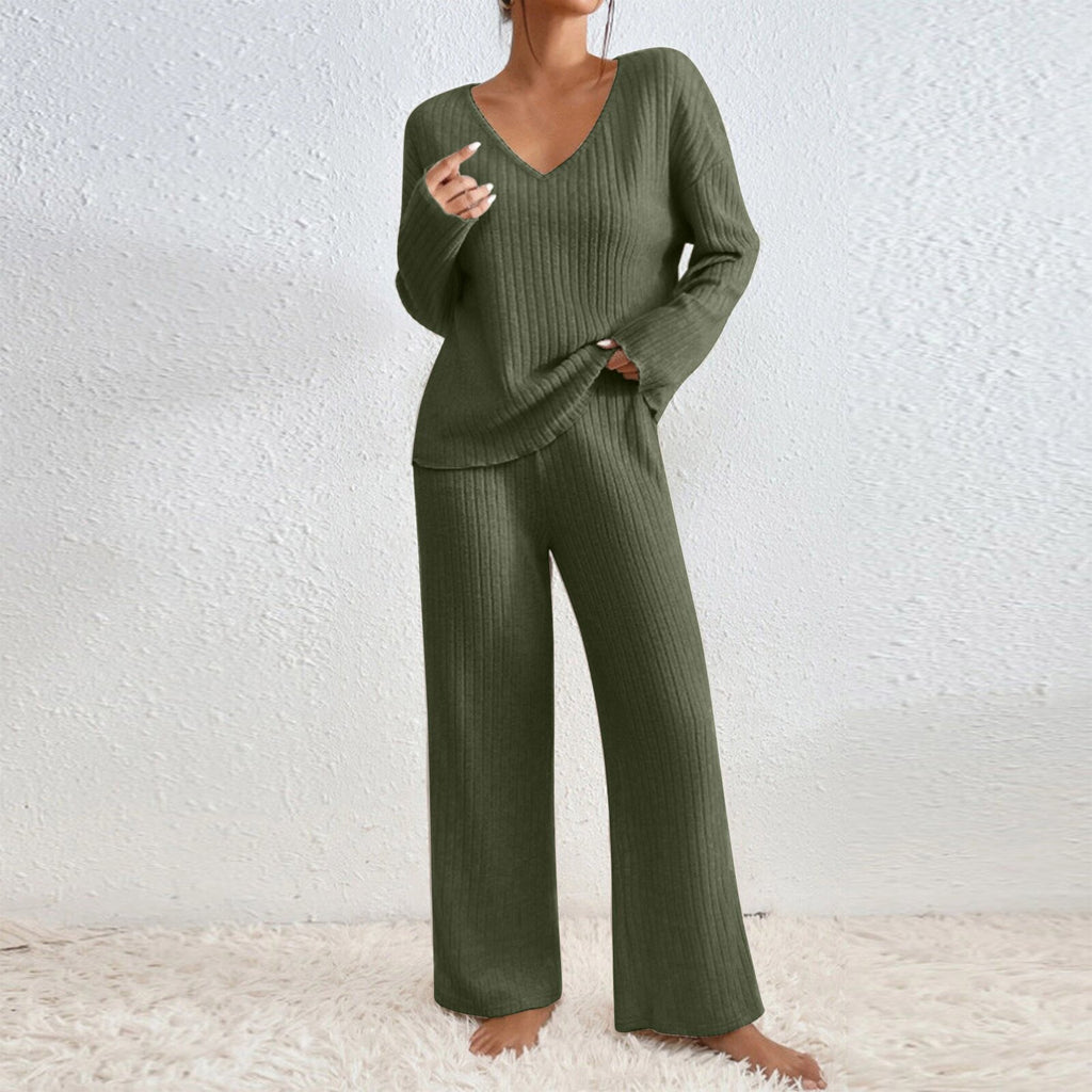 Women V-Neck Loose Ribbed Knit Long Sleeve Top Suit Set