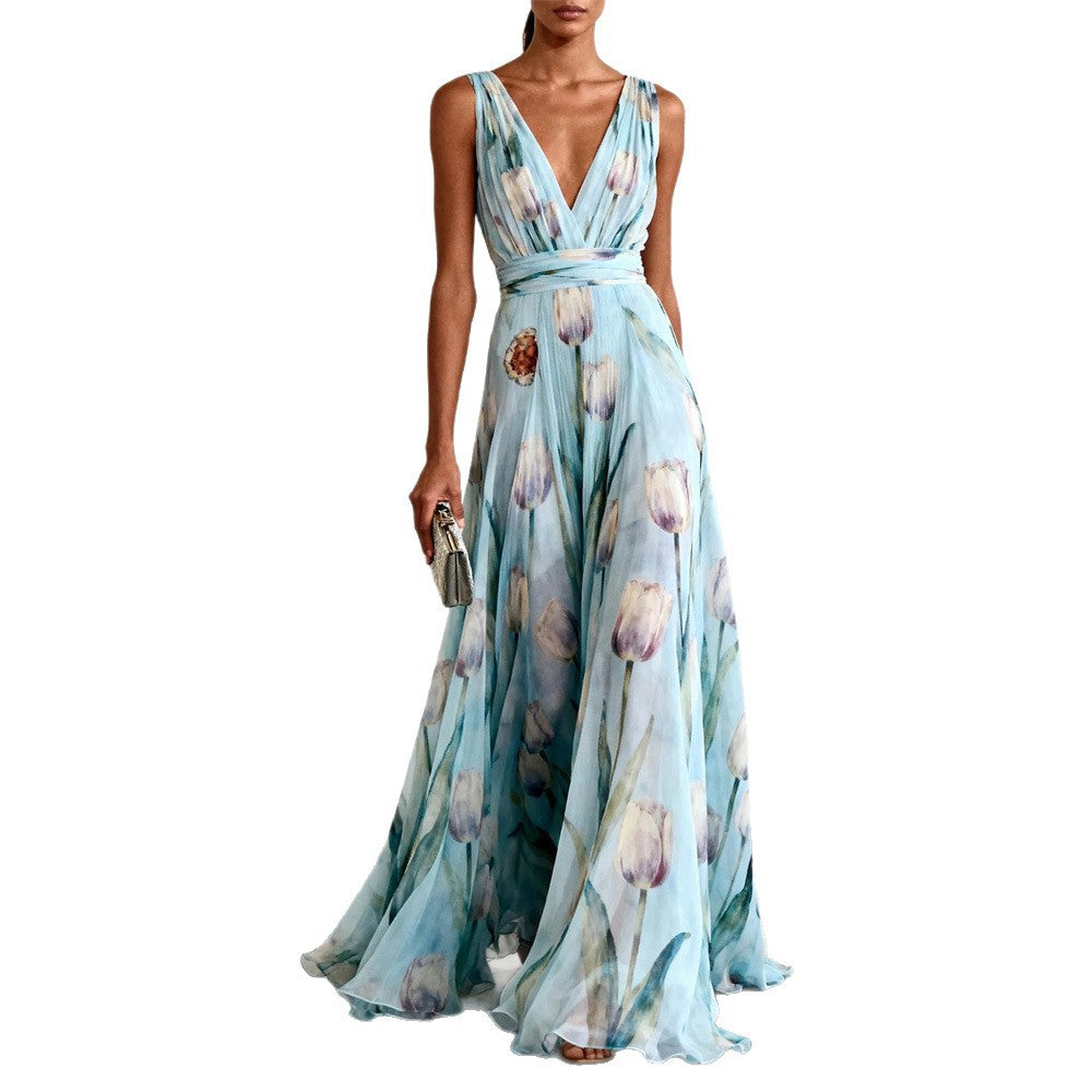 Womens Floral Print Sleeveless V-Neck Irregular Long Dress