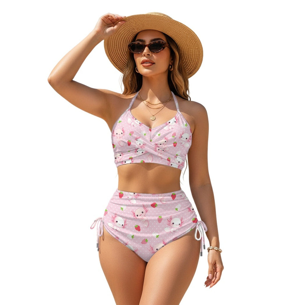 Women Sexy Animal Print High-Waist Drawstring Two-Piece Bikini Swimsuit