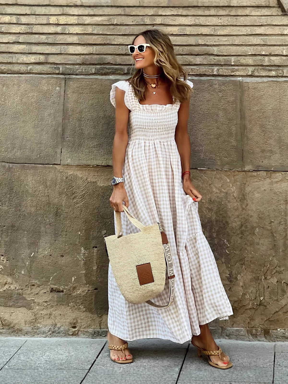 Summer Stylish Women's Patchwork Plaid Strap Elastic Flared Dress