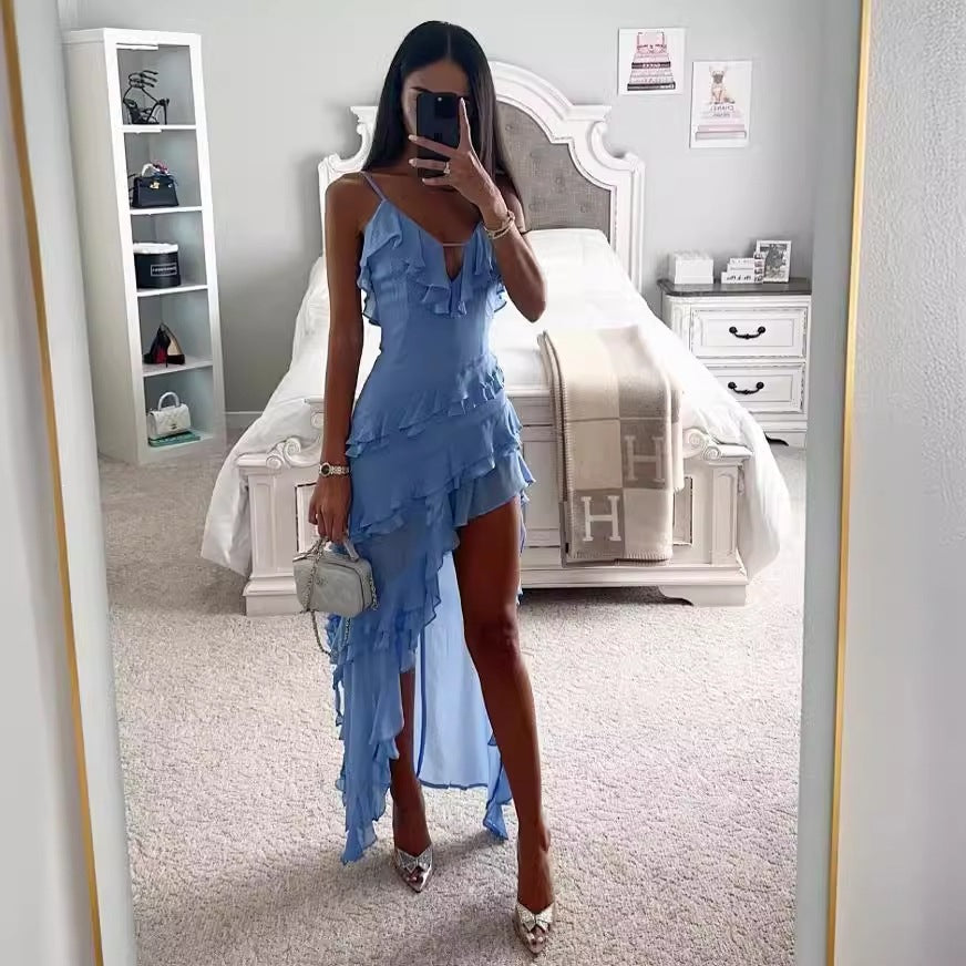 Strapless Irregular Ruffle Solid Color Dress
