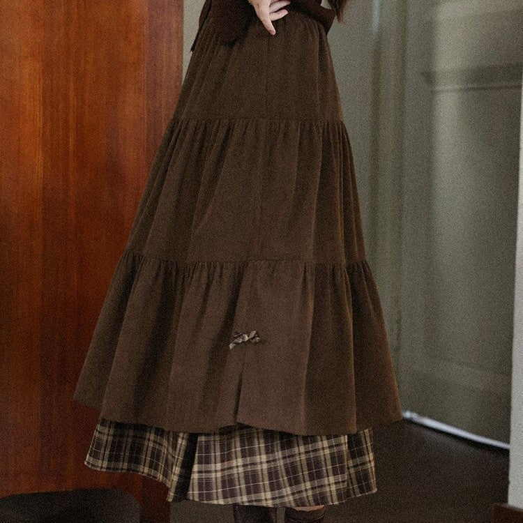 Woolen corduroy patchwork check high-waisted A-line long dress