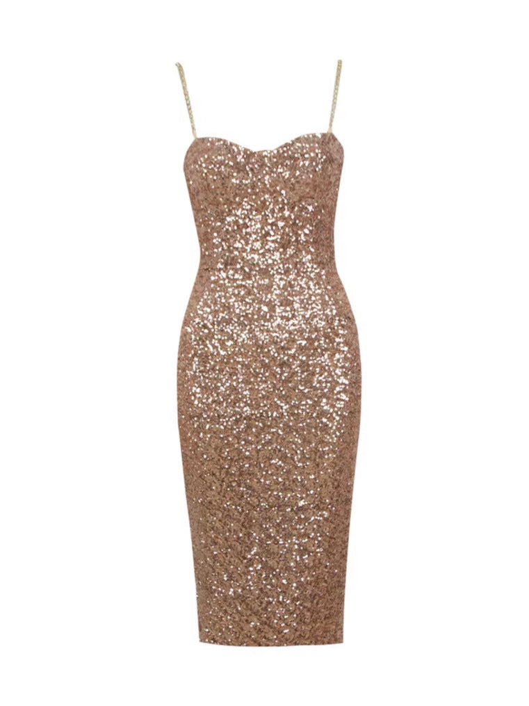 Womens Sequin Strapless Sleeveless Backless Evening Party Dress