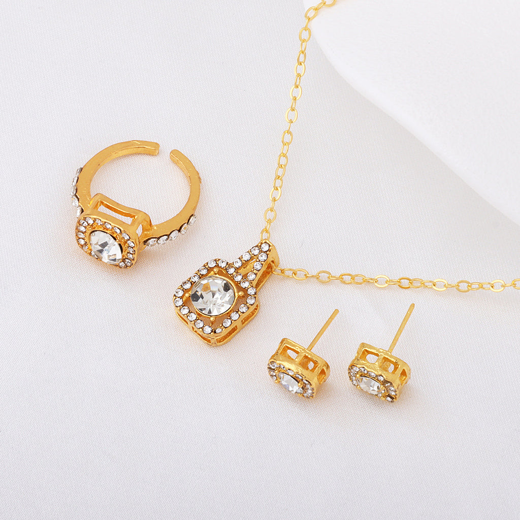 Square Rhinestone Jewelry Set Necklace Ring Earrings