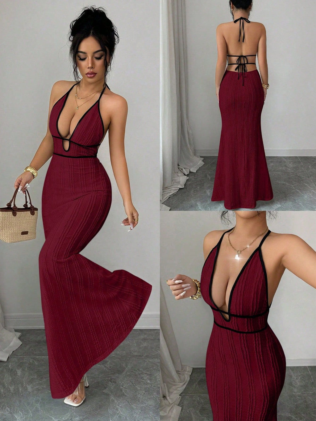 Deep V open-back fitted halter dress