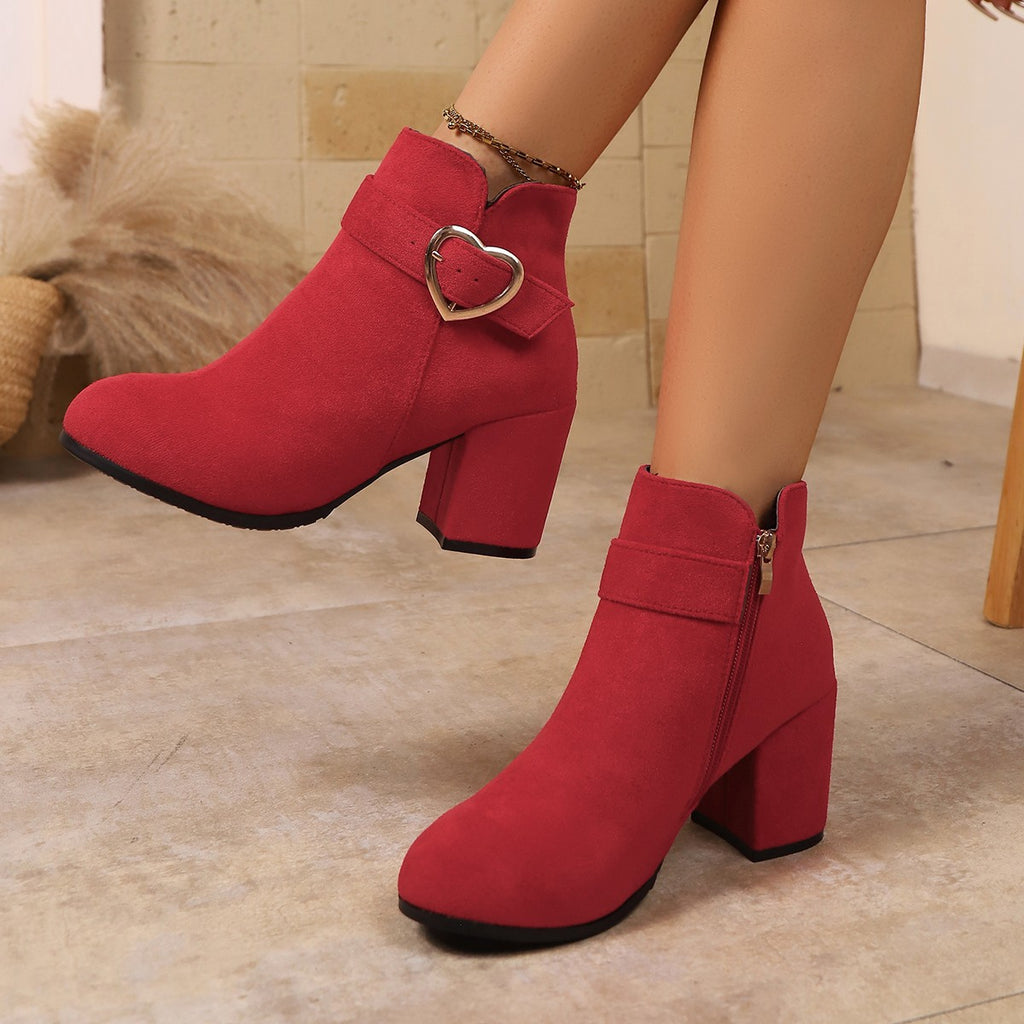 Women's Heart Metal Buckle Suede Mid-Heel Short Boots with Side Zipper
