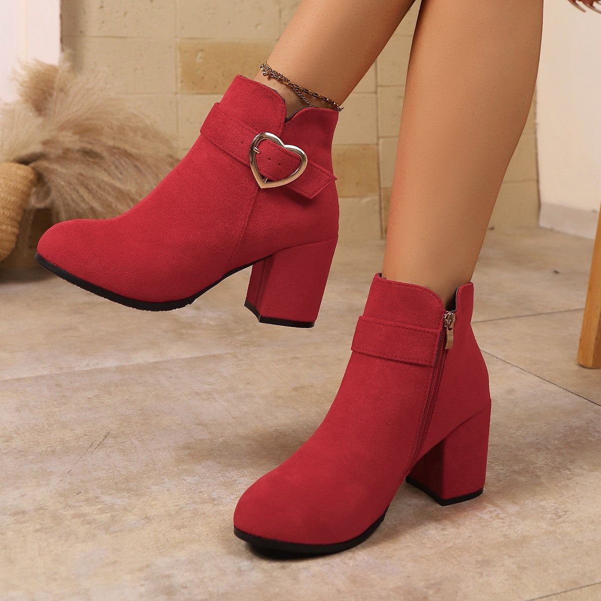 Women's Heart Metal Buckle Suede Mid-Heel Short Boots with Side Zipper