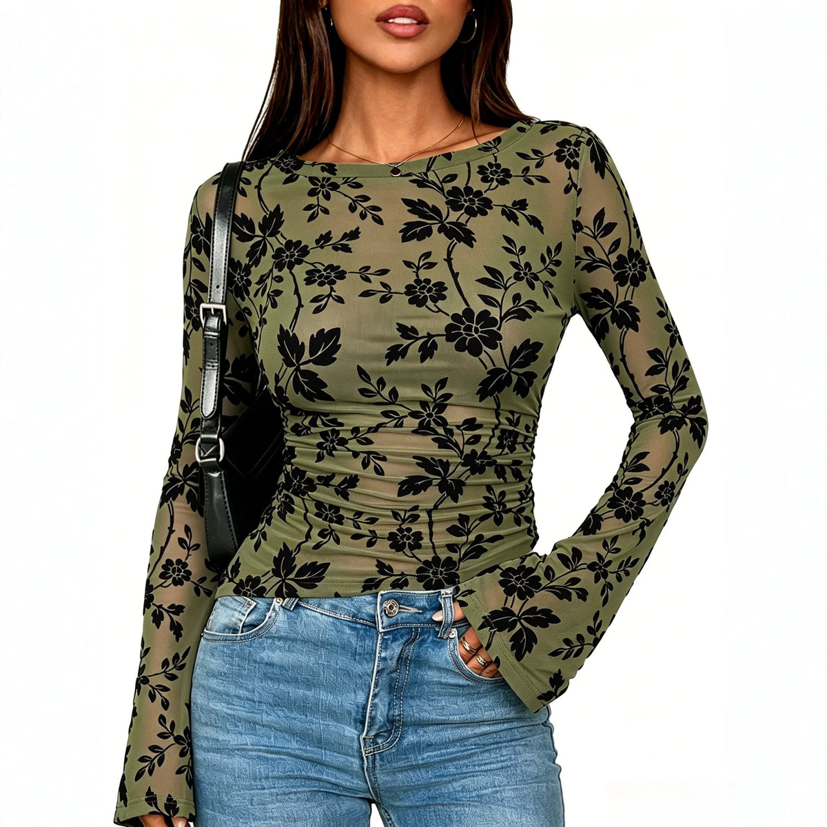 Women's Floral Flocked Mesh Slim Fit Long Sleeve T-Shirt