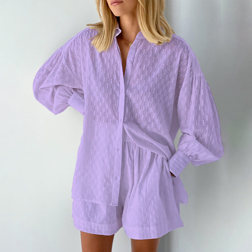 Women's Jacquard Puff Sleeve Shirt and Shorts Two-Piece Set