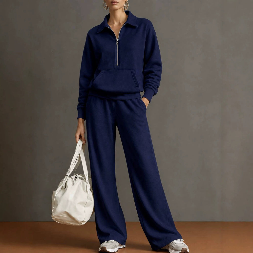 Women Two-Piece Half-Zip Sweatshirt and Wide-Leg Pants Set