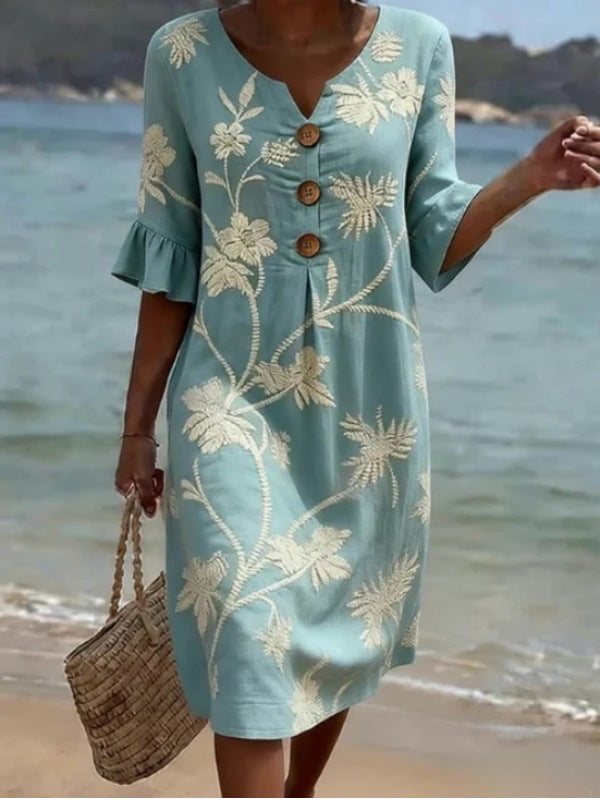 Women's V-Neck Printed Ruffle Mid-Sleeve Summer Dress