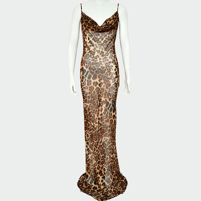 Women's Leopard Print Open Back Long Dress