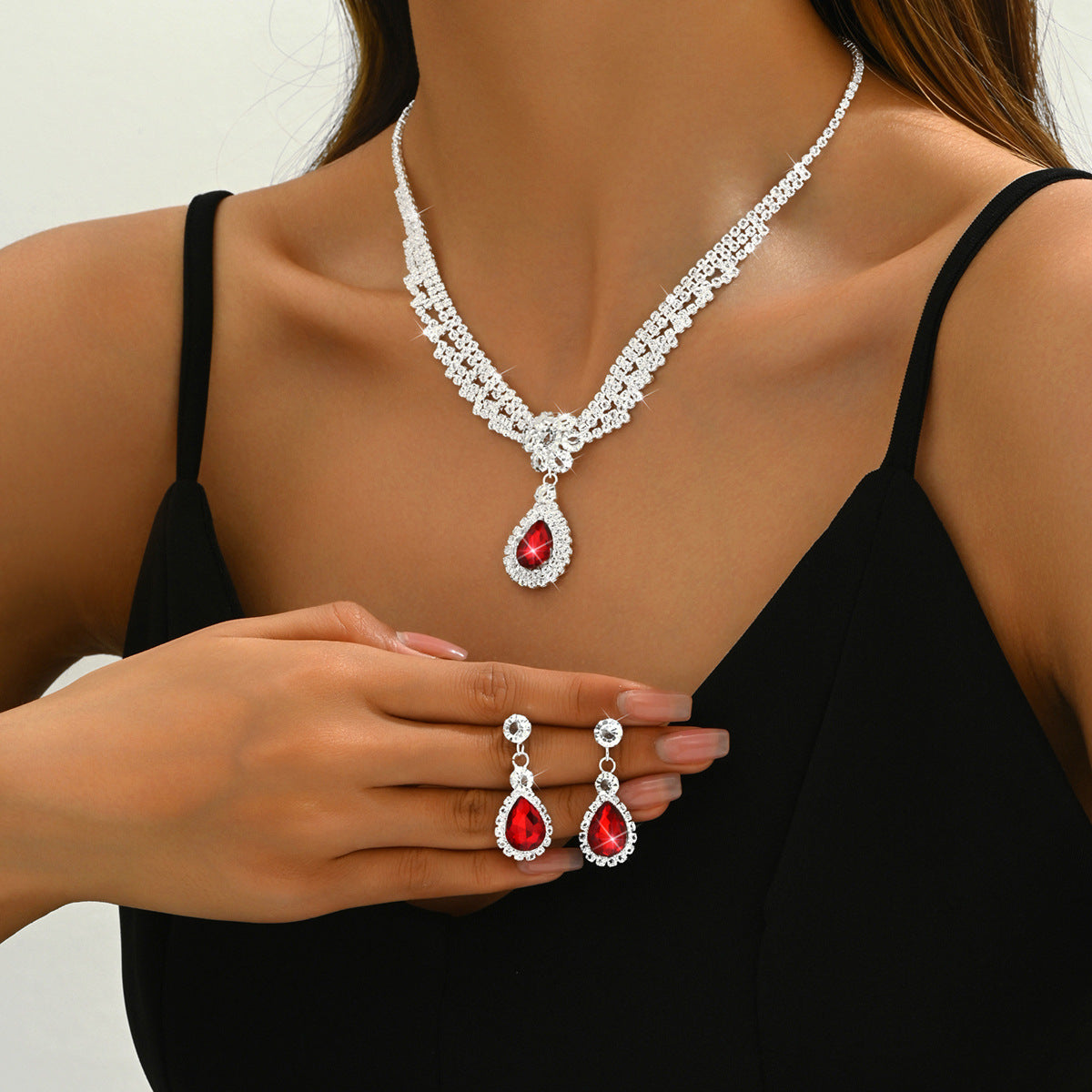 Diamond Drop Flower Necklace Earrings