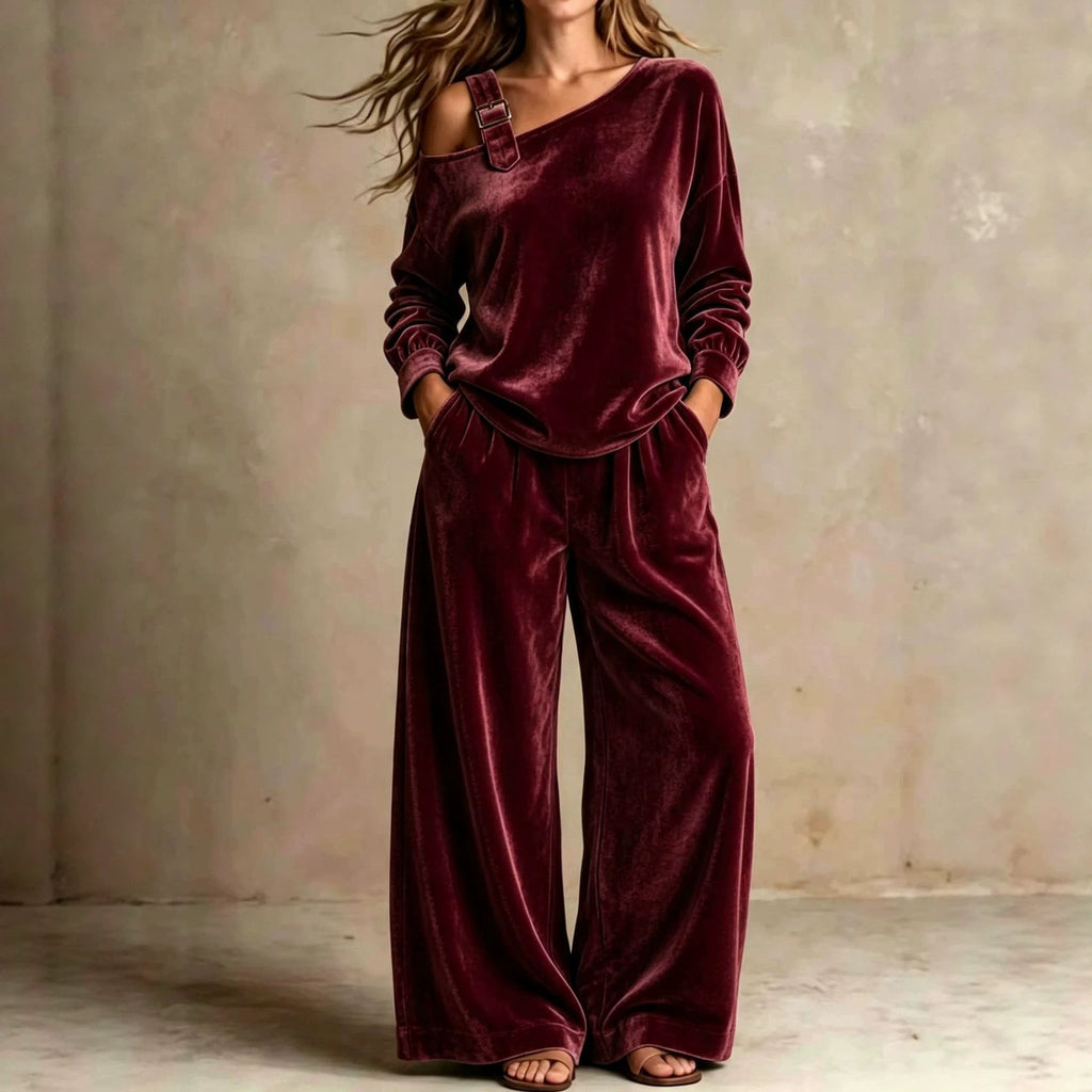 Women's Velvet One-Shoulder Long Sleeve Two-Piece Casual Pantsuit Set