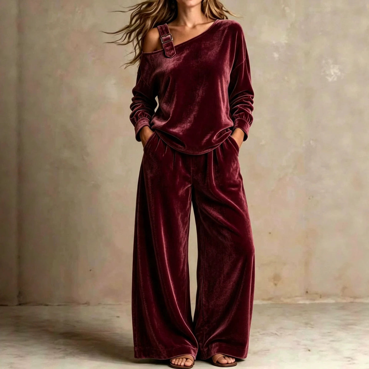 Women's Velvet One-Shoulder Long Sleeve Two-Piece Casual Pantsuit Set