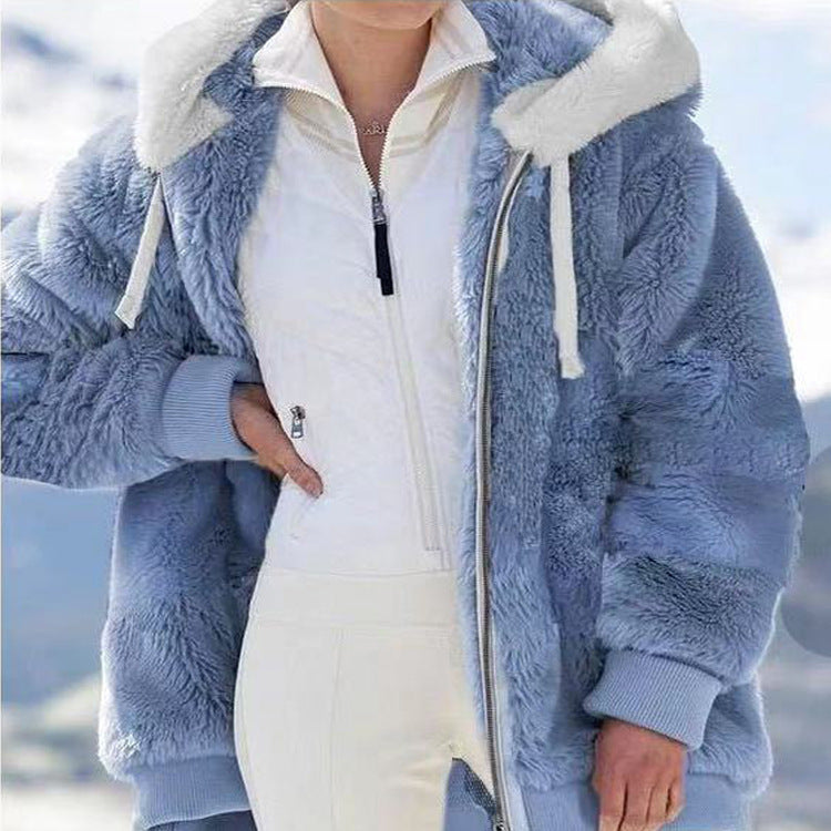 Womens Loose Fit Plush Zipper Hooded Jacket