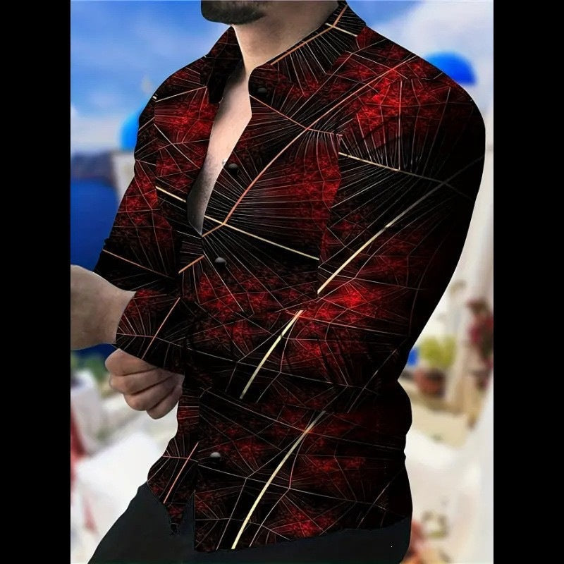 Digital Print Long-Sleeve Men's Slim-Fit Casual Shirt