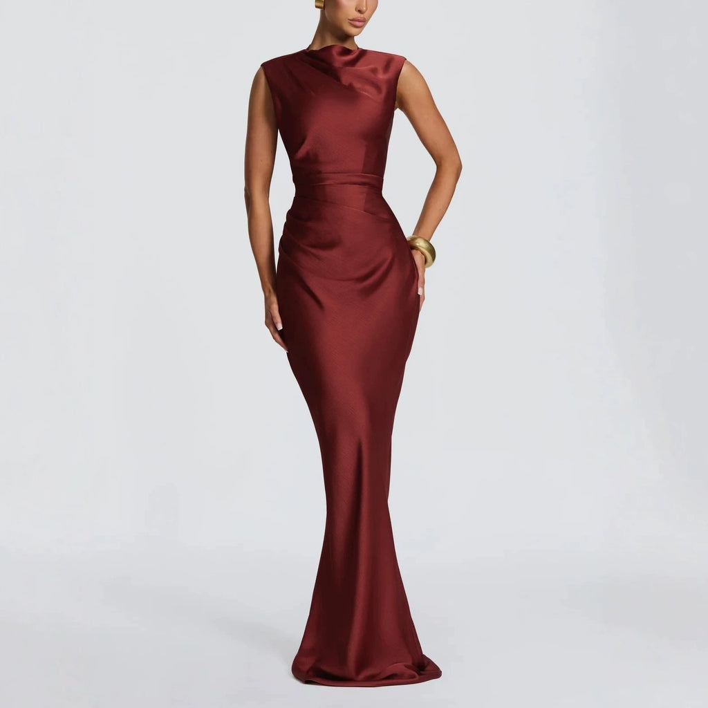 Women's Asymmetrical Fishtail Dress Half-High Collar Sleeveless Long Gown