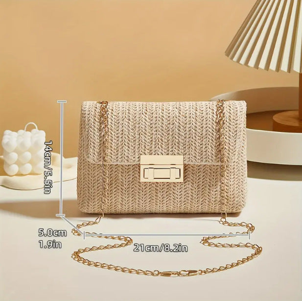 Straw Double-Ended Lock Shoulder Bag Chain Crossbody Bag
