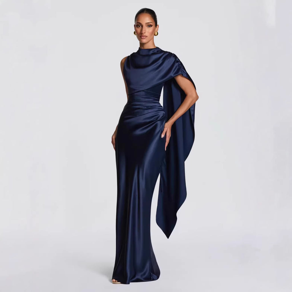 High-End Satin One-Shoulder Ribbon Waist Fishtail Gown