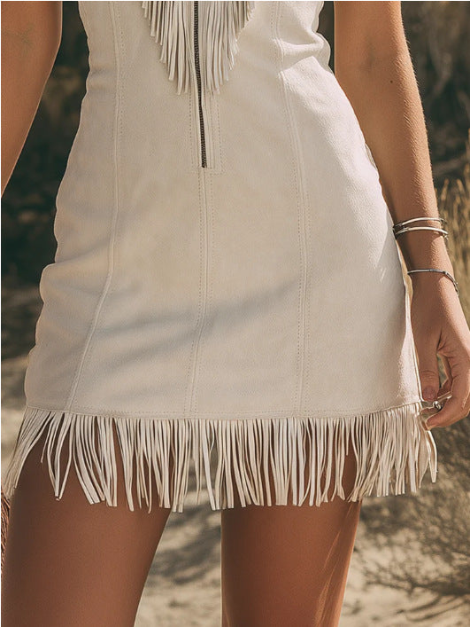 Women's Vintage V-Neck Fringed Faux Suede Mini Dress
