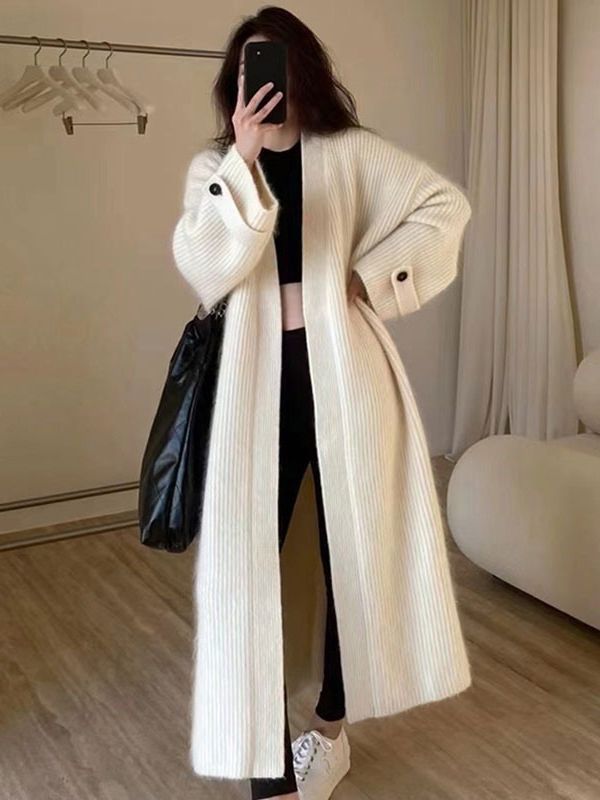 Womens Long Knitted Cardigan with V-Neck
