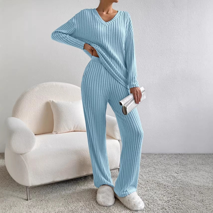 Women's V-Neck Ribbed Knit Two-Piece Set