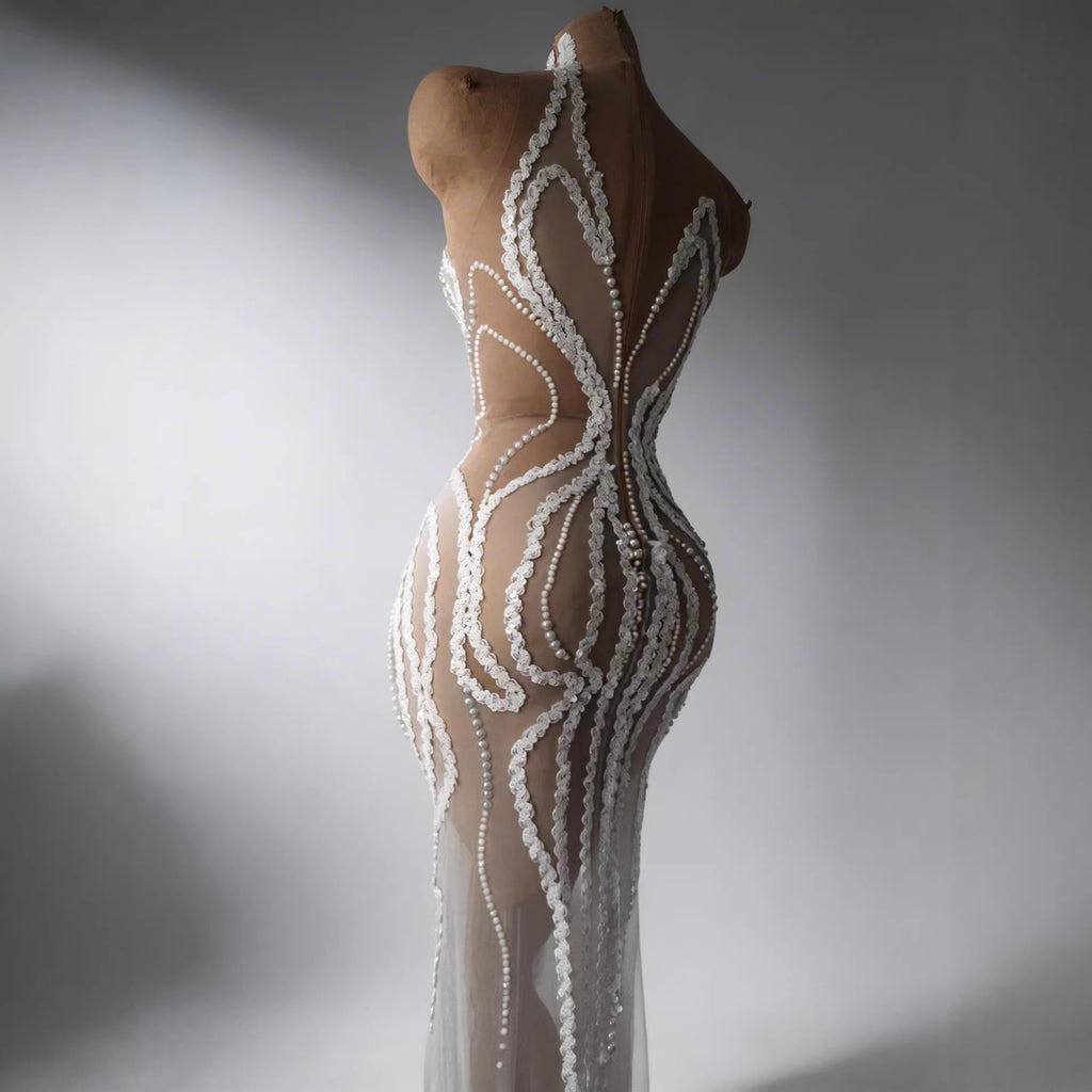 Pearl Sequin Mesh Long Dress