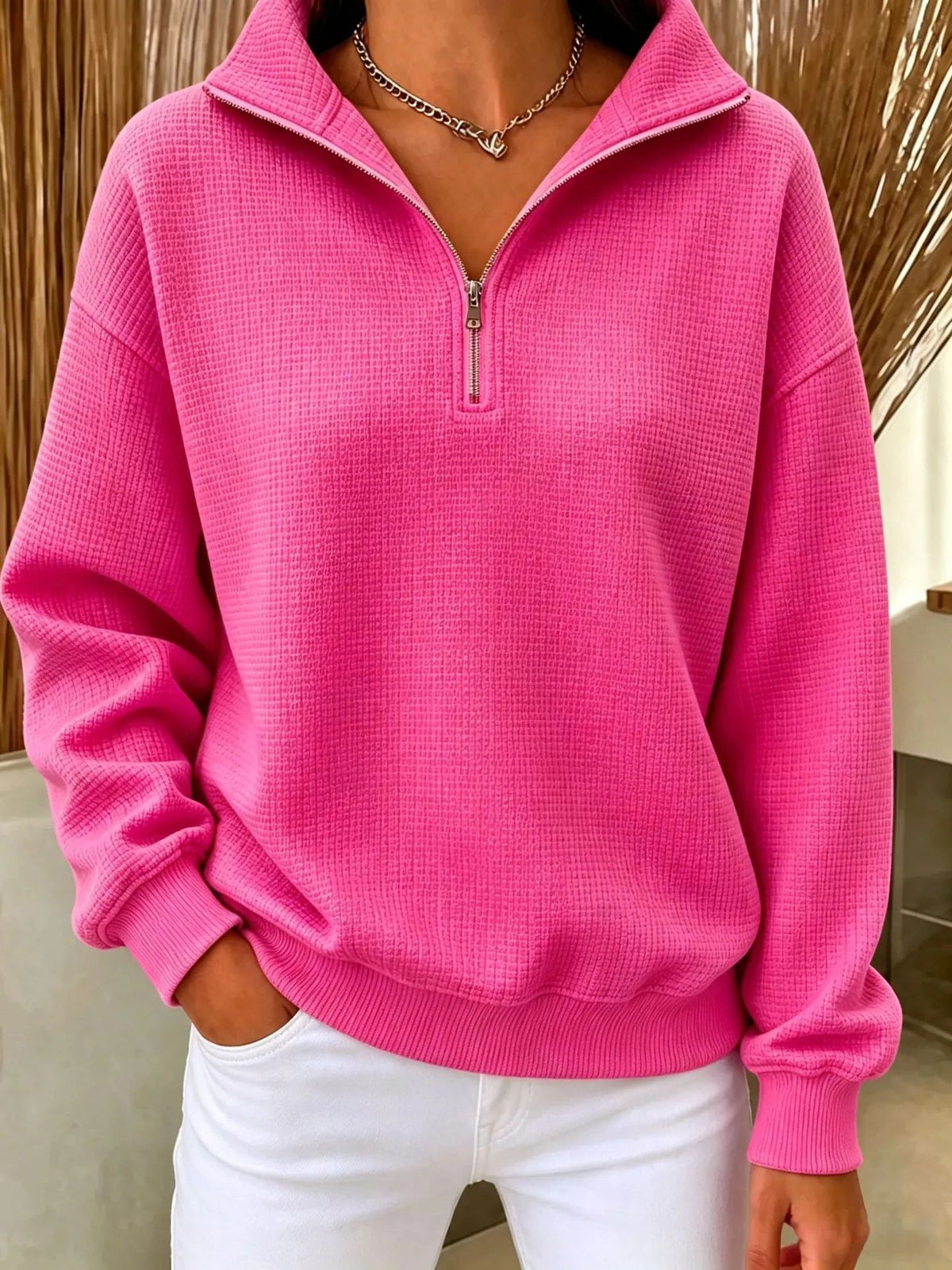 Women's Stand Collar Zip Long Sleeve Waffle Knit Patchwork Sweatshirt
