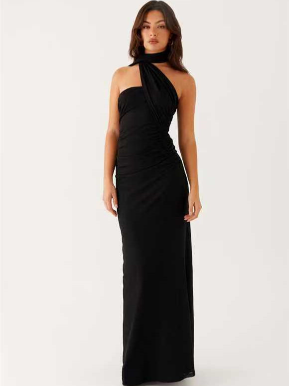 Neck-Wrap Ribbon Dress with Side Pleats