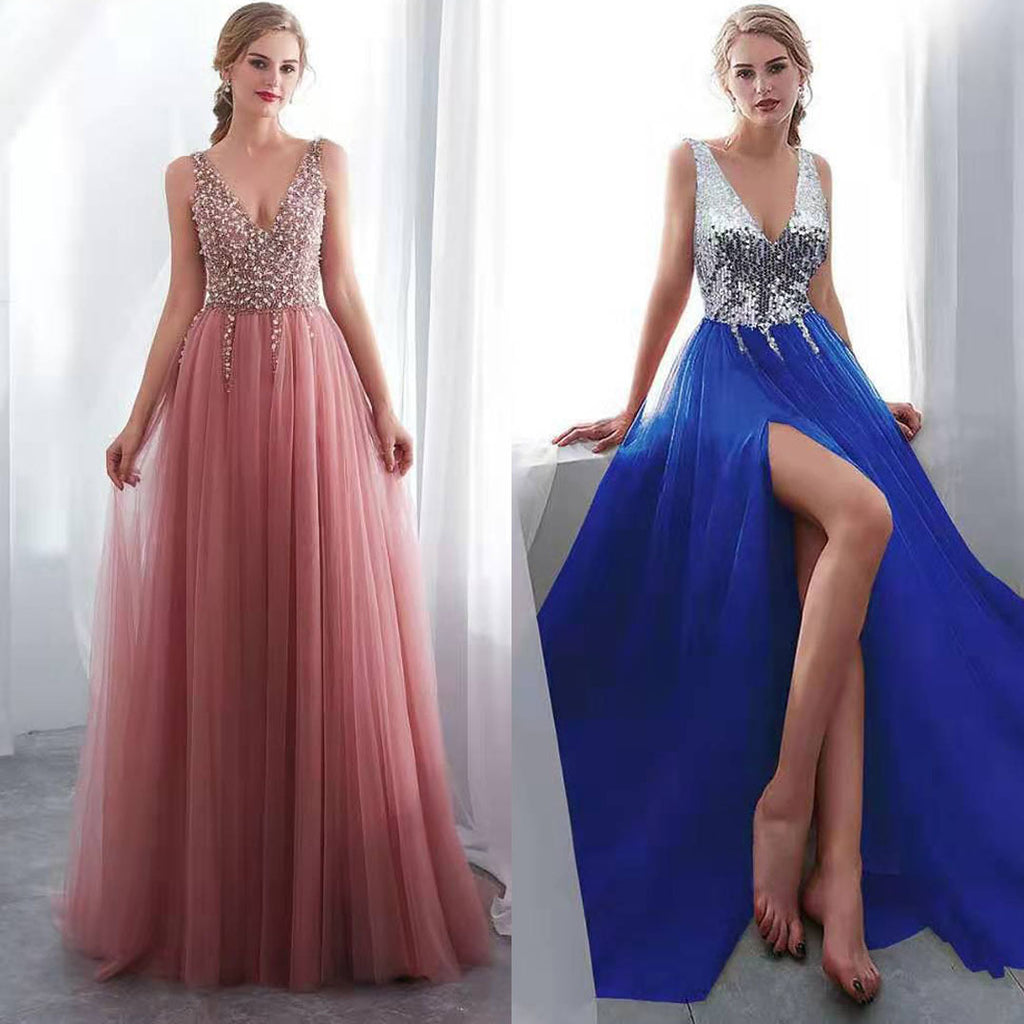 Embroidered Sequin V-Neck Long Evening Dress
