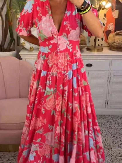 Floral V-Neck Elastic Waist Dress