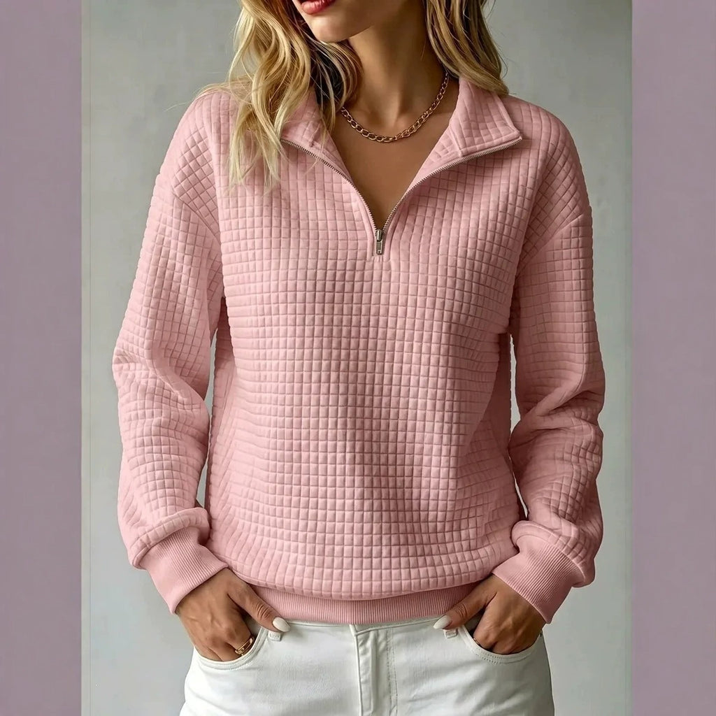 Women's Stand Collar Zip Long Sleeve Waffle Knit Patchwork Sweatshirt