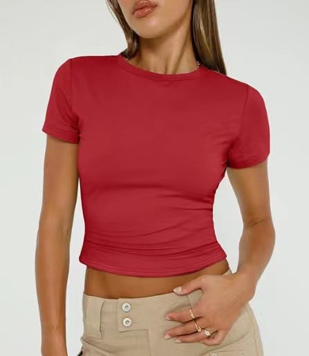Women Slim Fit Cotton T-Shirt Crew Neck Long Sleeve Solid Color Top