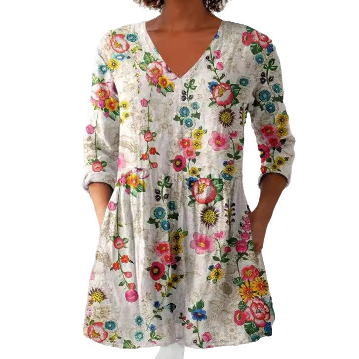 Womens 3D Printed Loose V-Neck Short Sleeve Dress