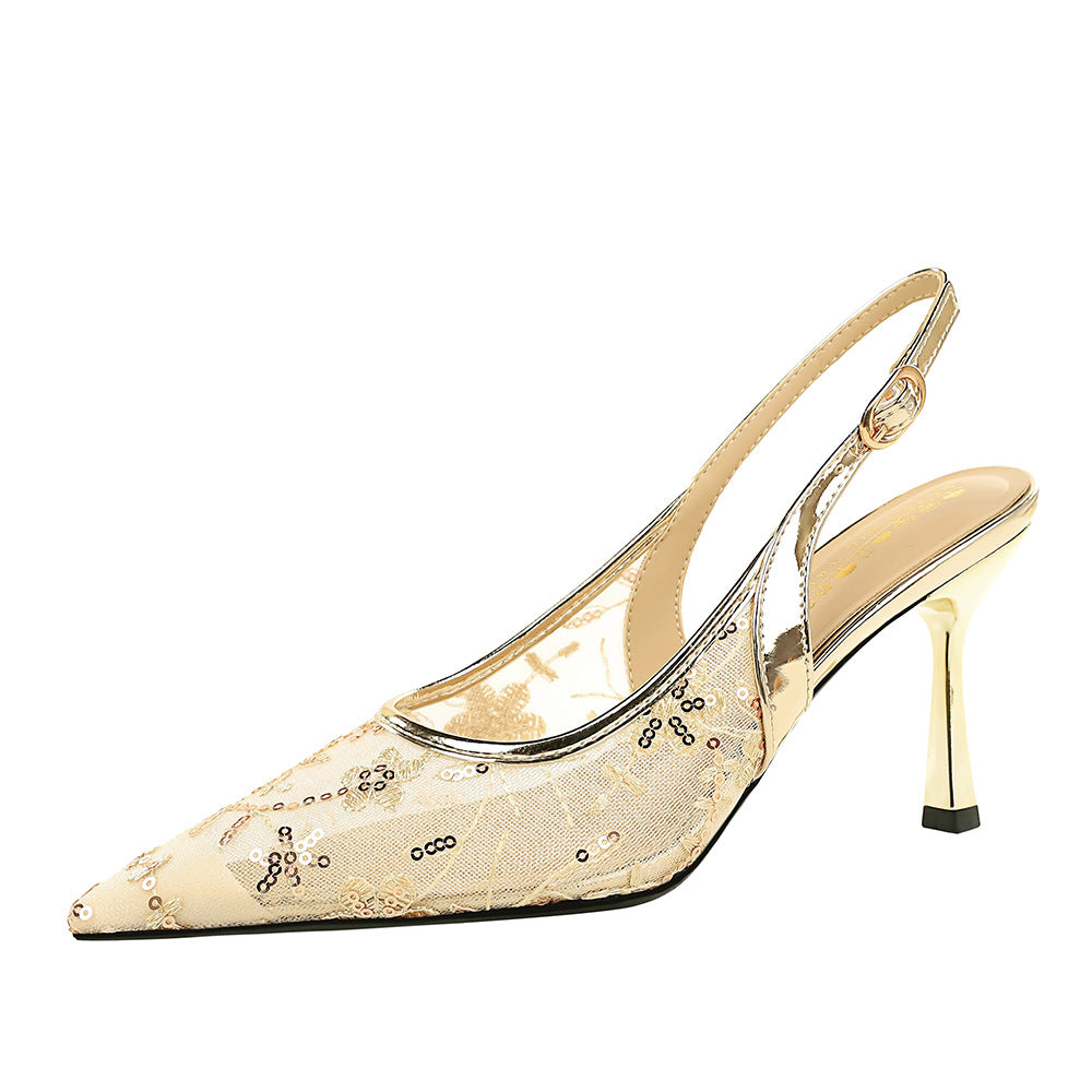 Sequin Embellished Lace Stiletto Sandals