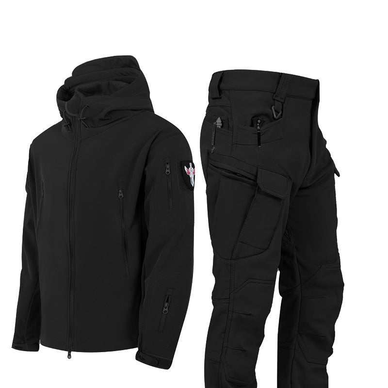 Men's Waterproof Tactical Jacket Set with Fleece Lining Sharkskin Outdoor Hunting Clothing