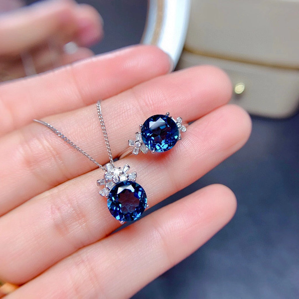 London Blue Topaz Gemstone Necklace with Adjustable Ring