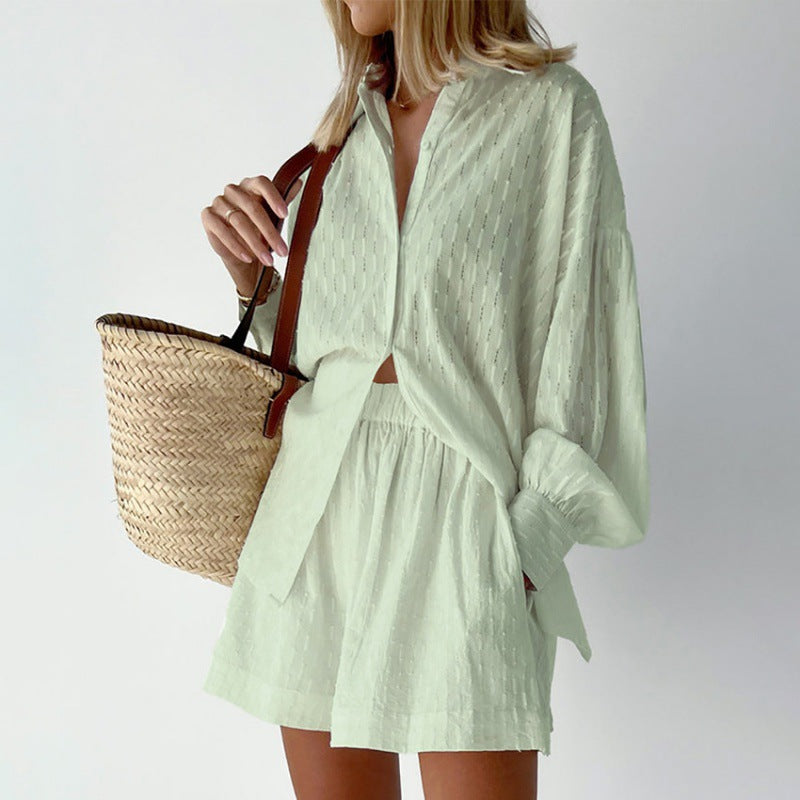 Women's Jacquard Puff Sleeve Shirt and Shorts Two-Piece Set