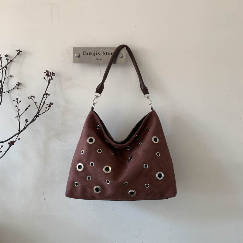 Retro Rivet Deerskin Embossed Shoulder Tote Bag