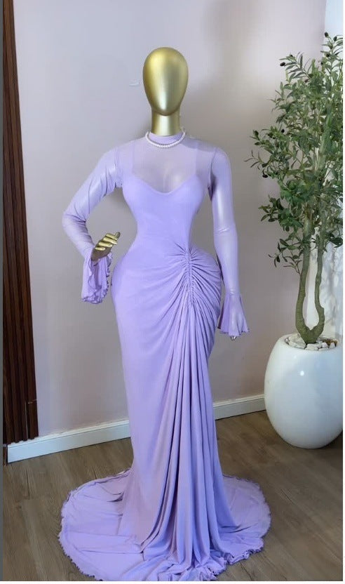 Womens Mesh Pleated Long Dress