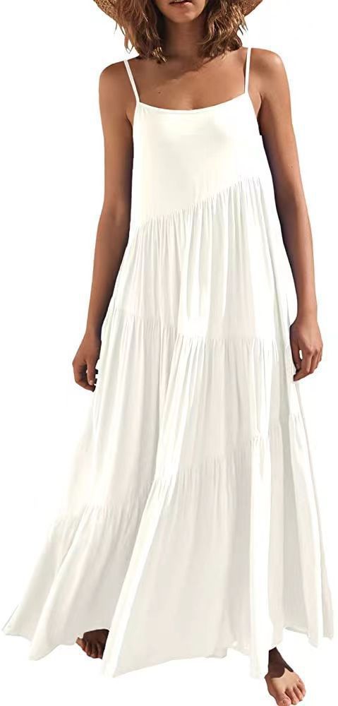 Women's Loose Solid Color Pleated Irregular Beach Strap Maxi Dress