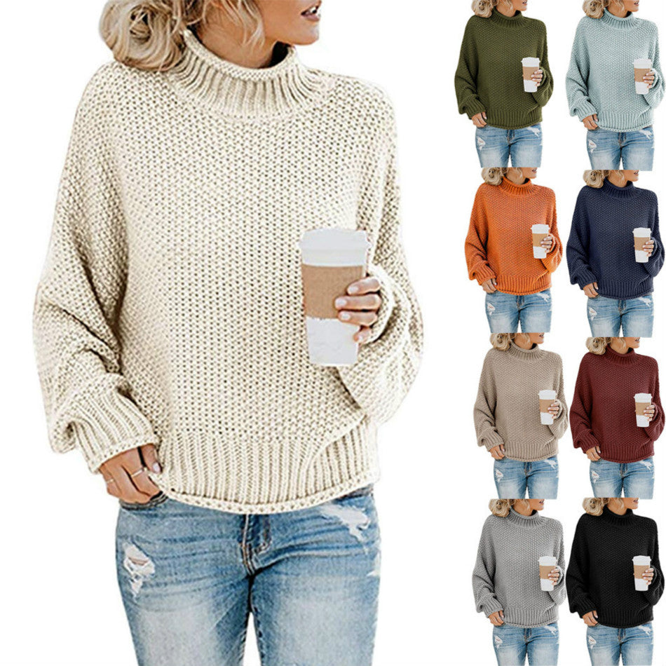 Womens Turtleneck Sweater Loose Fit Solid Color Oversized Knit Pullover