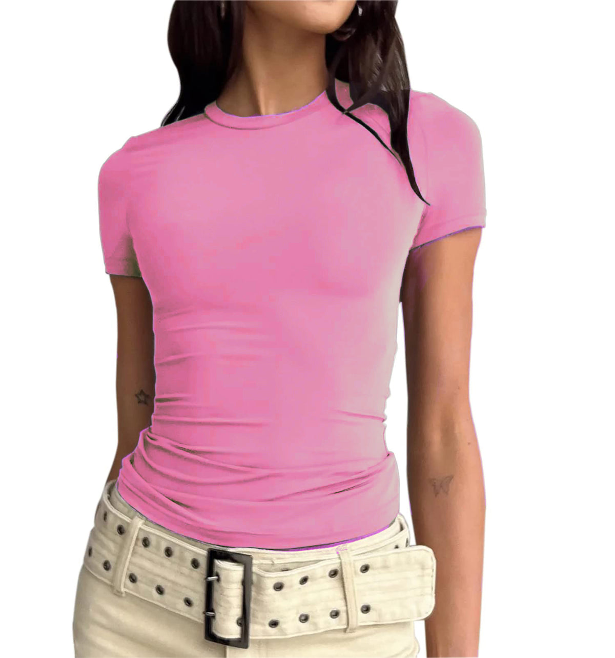 Women Slim Fit Cotton T-Shirt Crew Neck Long Sleeve Solid Color Top